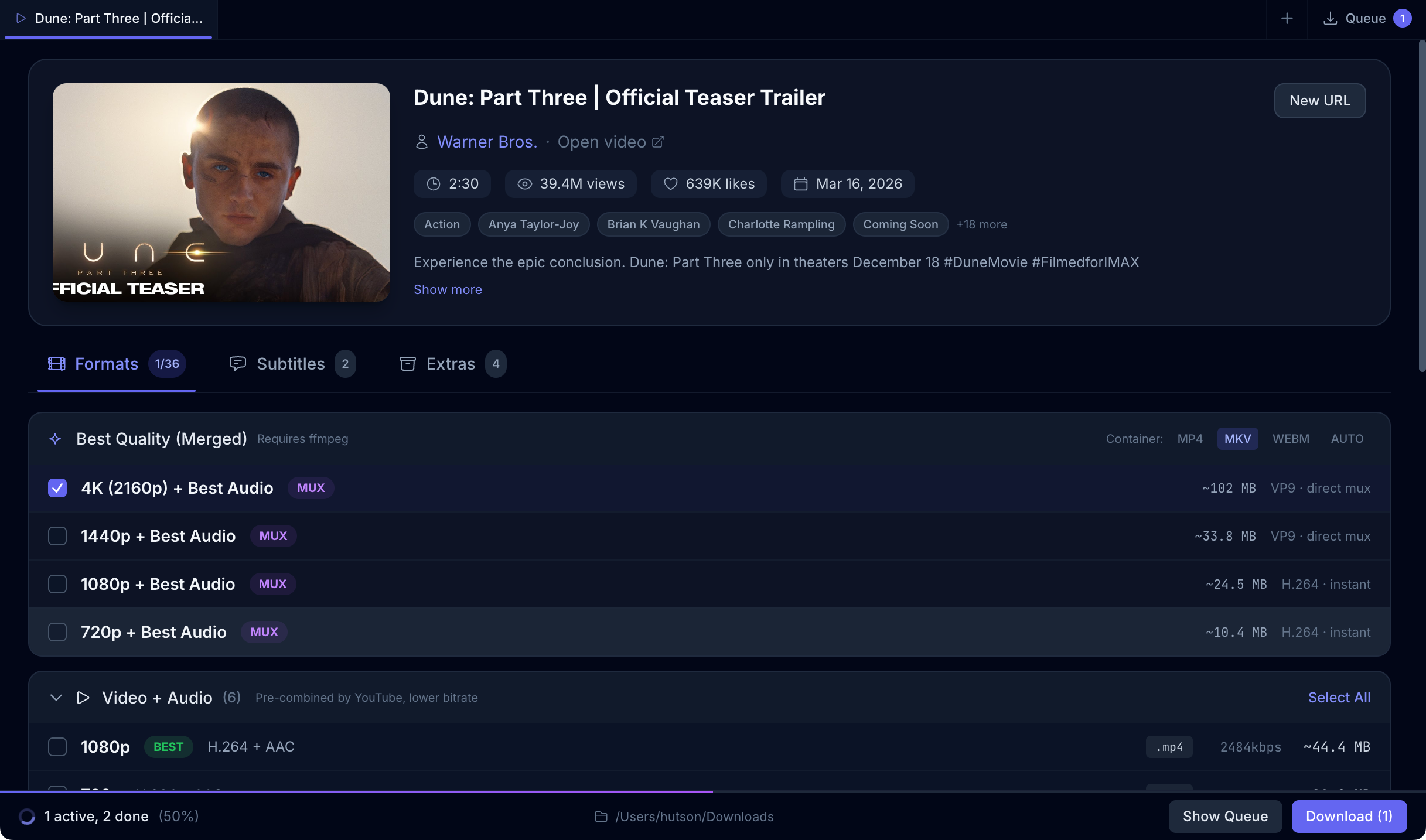Pullframe formats panel for a Dune teaser trailer with 4K and best audio selected as an MKV mux, plus 1440p, 1080p, and 720p alternatives in the ladder below