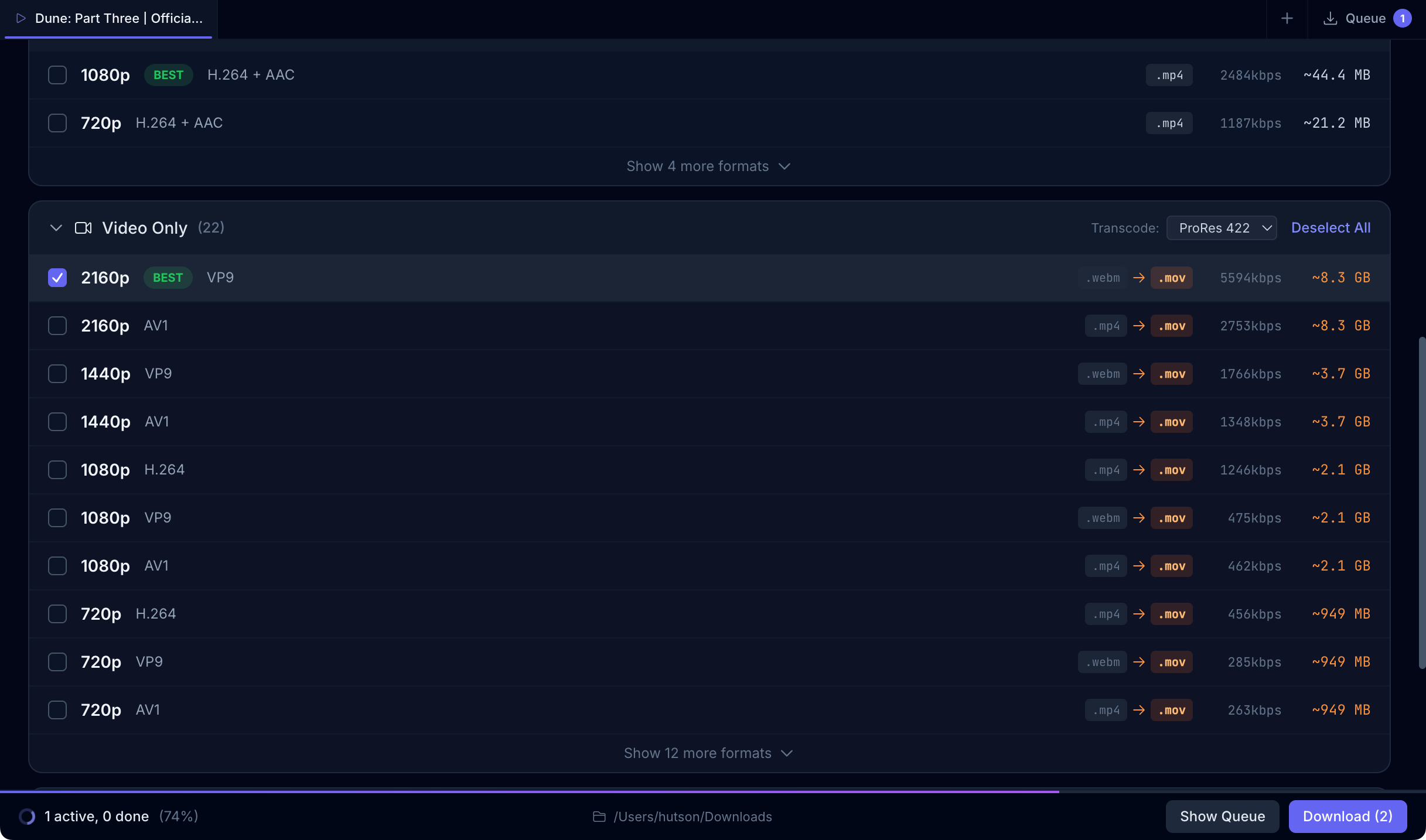 Pullframe Video Only formats list with a ProRes 422 transcode target selected, converting VP9, AV1, and H.264 sources into .mov files at preview-quality bitrates